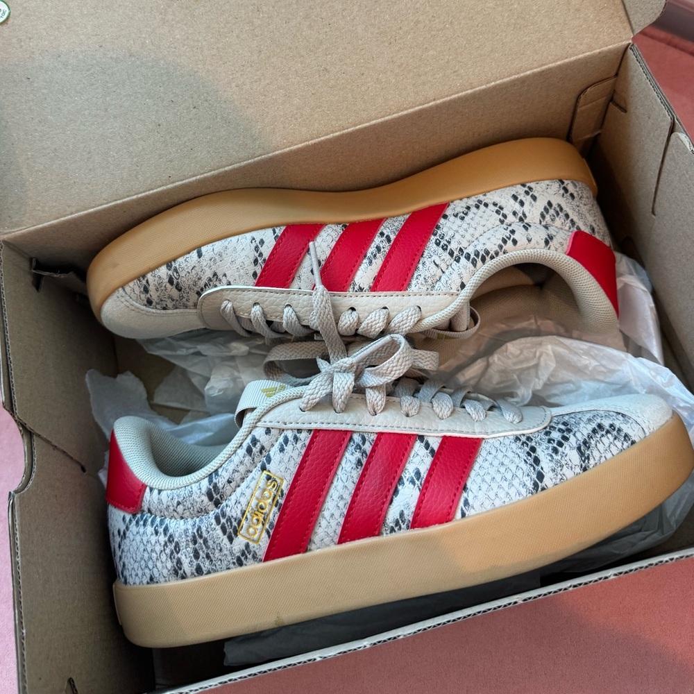 Adidas Women’s Snake-Print Sneakers with Red Stripes and Gum Sole